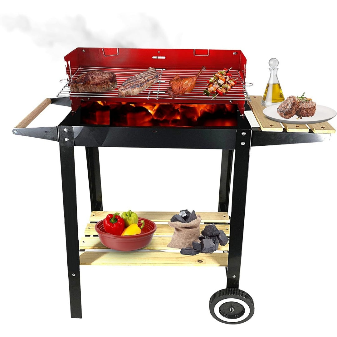 Barbecue a carbone regolabile con struttura in acciaio rosso con design versatile